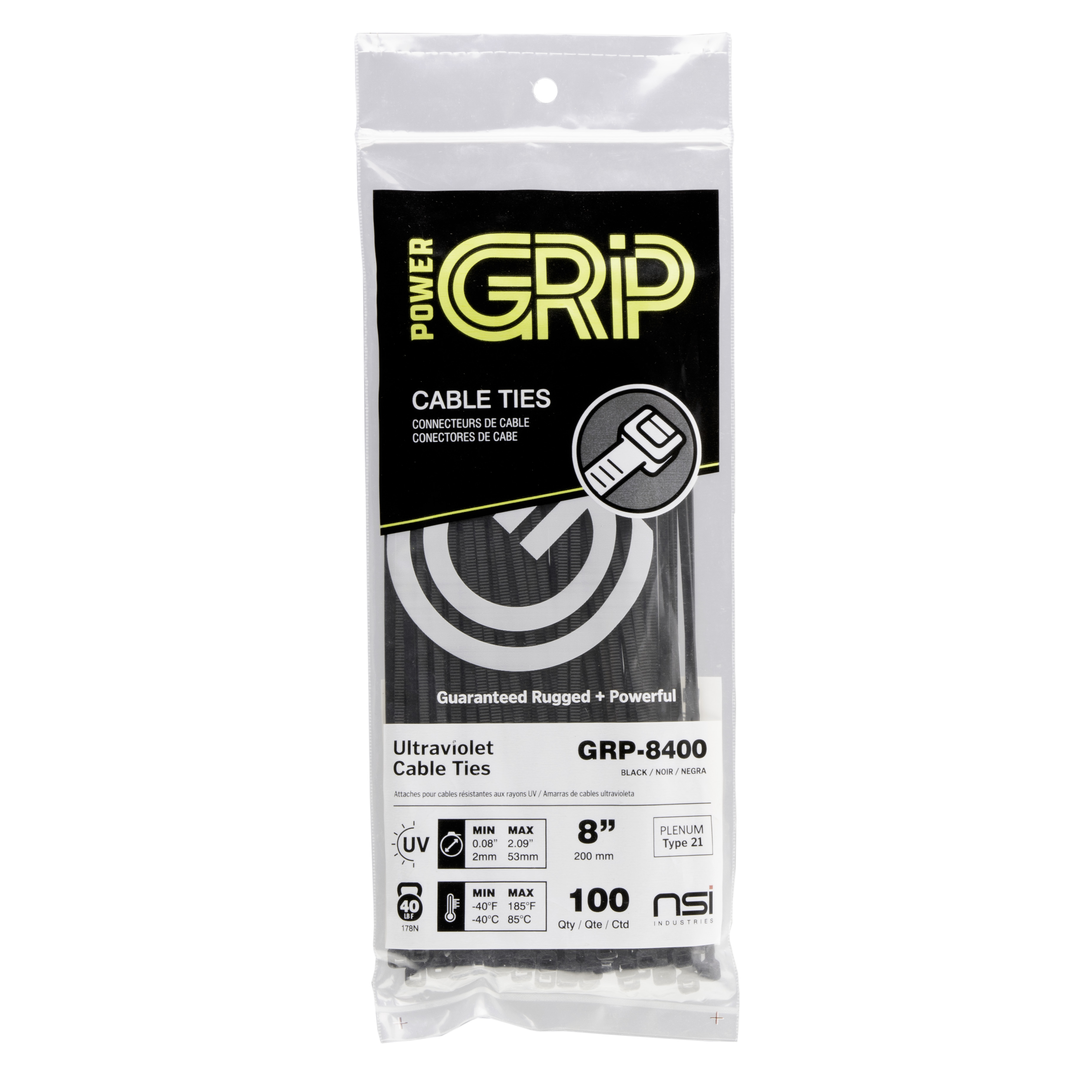 PowerGRP GRP-8400 Cable Tie 8 IN 40Lb Blk (100Pk) - NSI Industries