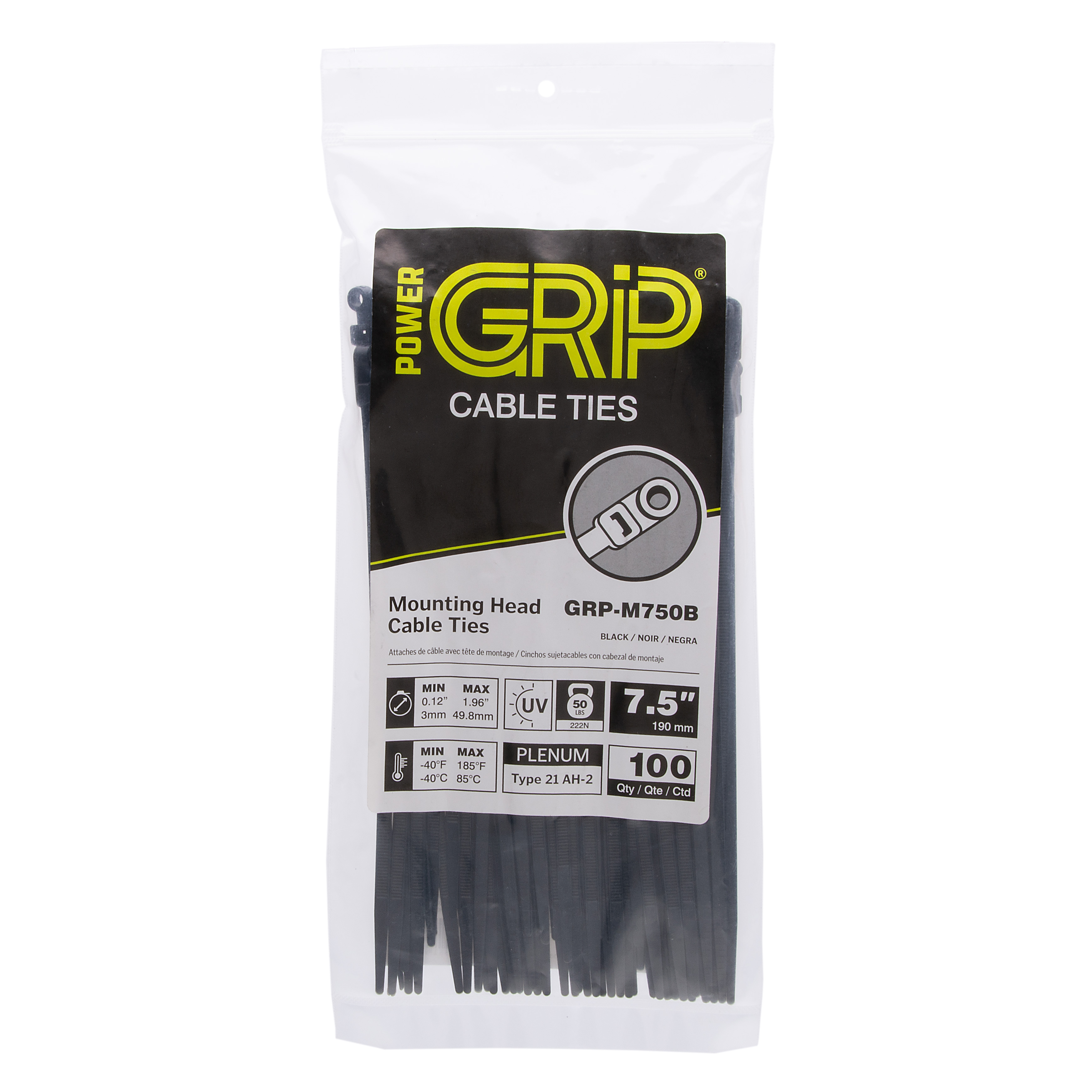 PowerGRP GRP-M750B Cable Ties 7.5 IN 50lb Mt Head BLK (100PK